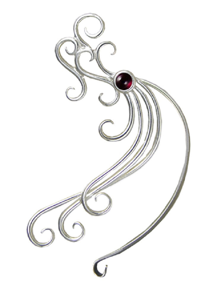 Sterling Silver Wind And Waves Left Only Ear Cuff Wrap With Garnet